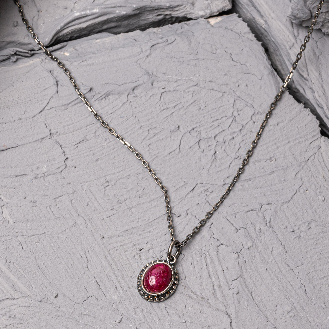 Oxidized Silver Necklace with Quartz Ruby Stone