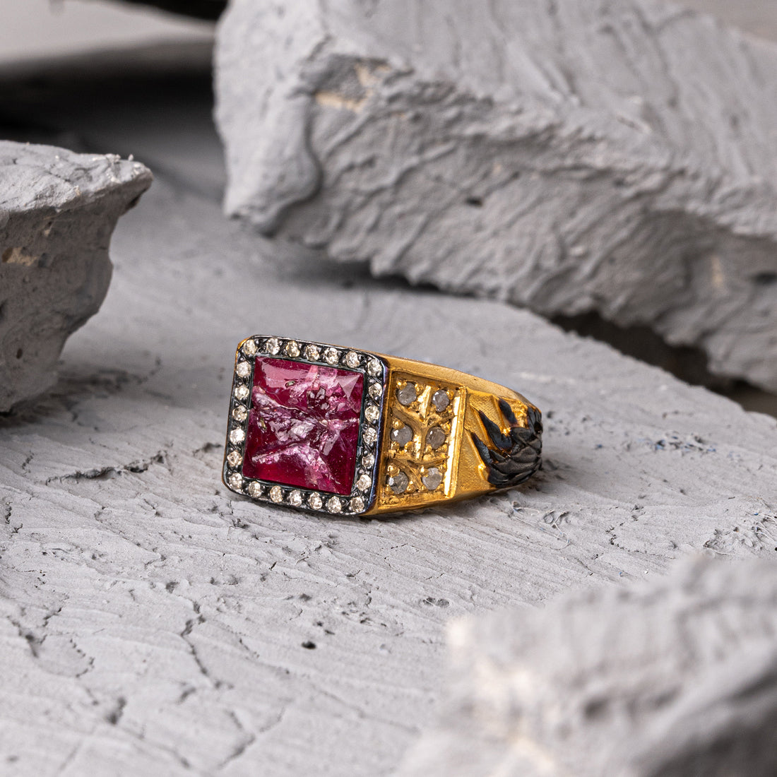 Plisse 18K Gold Plated Diamond-Encrusted Silver Ring